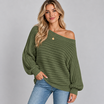 Gebreide Dames Trui Met Off-Shoulder Halslijn En Lange Mouwen