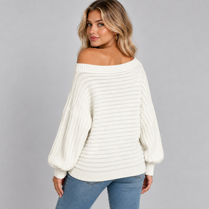 Gebreide Dames Trui Met Off-Shoulder Halslijn En Lange Mouwen
