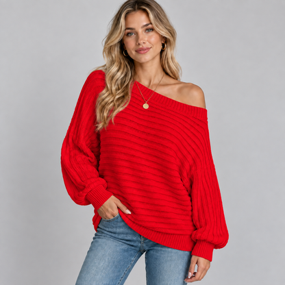 Gebreide Dames Trui Met Off-Shoulder Halslijn En Lange Mouwen