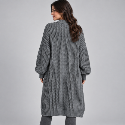 Lang Gebreid Dames Cardigan Met Open Voorkant En Zakken