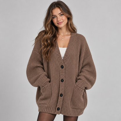 Oversized Dames Cardigan Met Knopen En Opgestikte Zakken