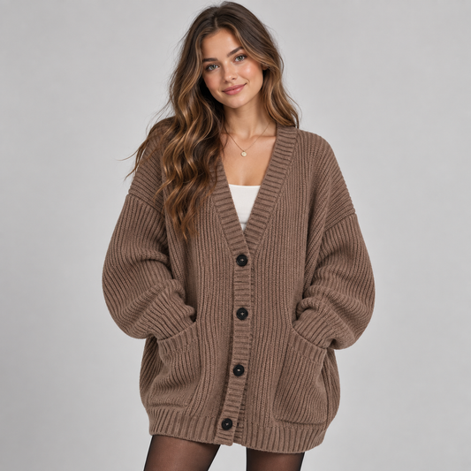 Oversized Dames Cardigan Met Knopen En Opgestikte Zakken