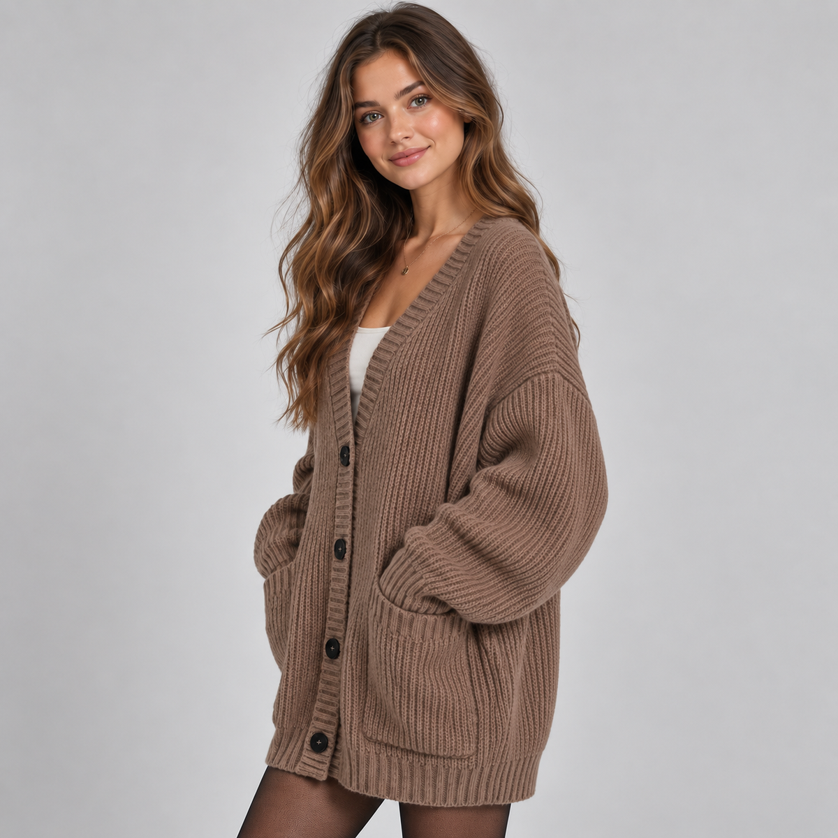 Oversized Dames Cardigan Met Knopen En Opgestikte Zakken
