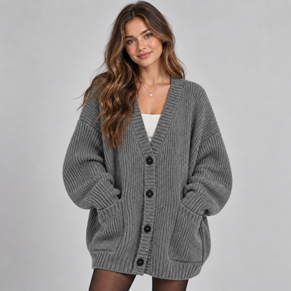 Oversized Dames Cardigan Met Knopen En Opgestikte Zakken