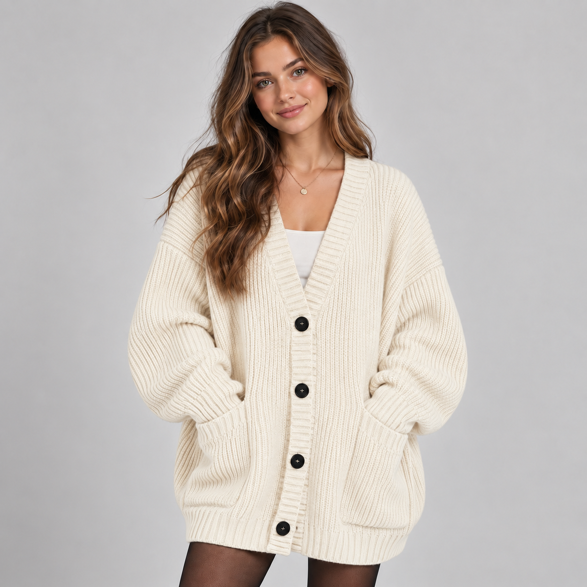 Oversized Dames Cardigan Met Knopen En Opgestikte Zakken