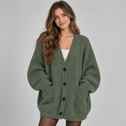 Oversized Dames Cardigan Met Knopen En Opgestikte Zakken