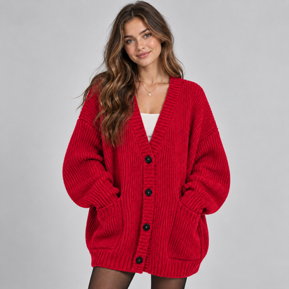 Oversized Dames Cardigan Met Knopen En Opgestikte Zakken