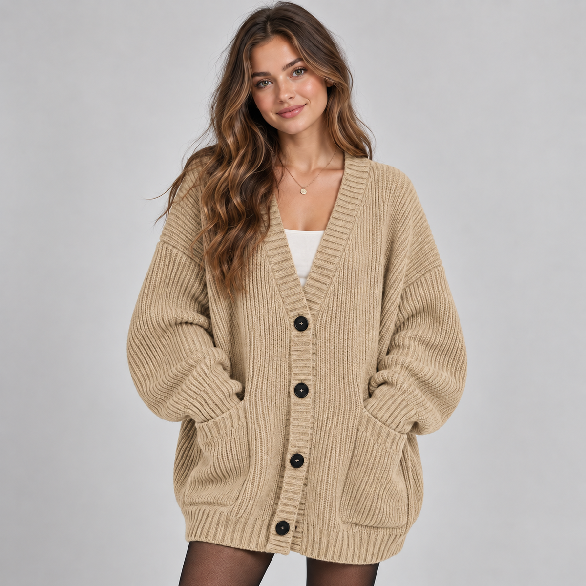 Oversized Dames Cardigan Met Knopen En Opgestikte Zakken