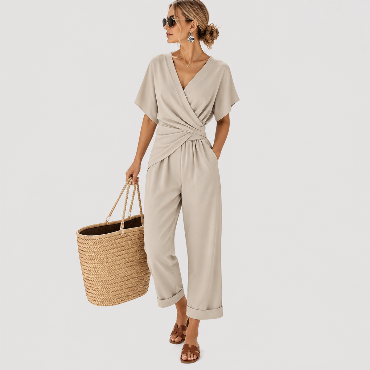 Elegante Jumpsuit Voor Dames Met Wikkel V-Hals En Korte Mouwen