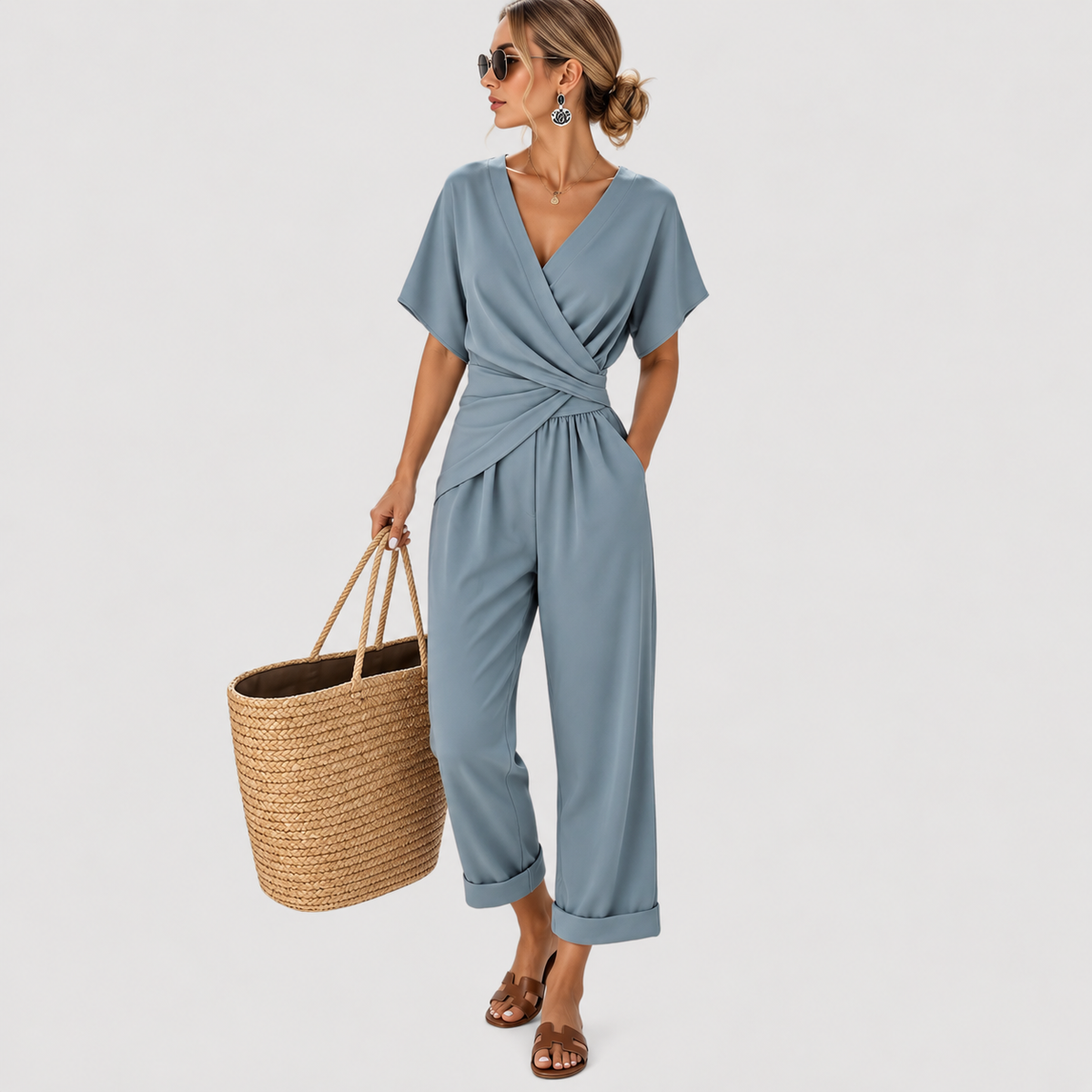Elegante Jumpsuit Voor Dames Met Wikkel V-Hals En Korte Mouwen