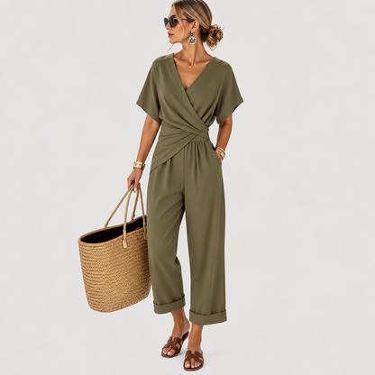 Elegante Jumpsuit Voor Dames Met Wikkel V-Hals En Korte Mouwen