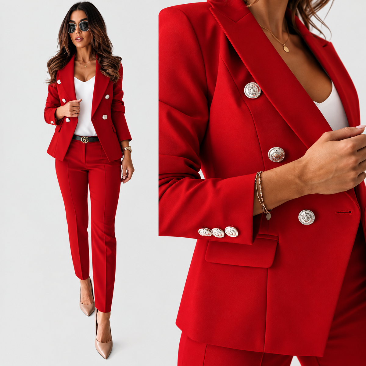 Getailleerde Dames Blazer Set Met Dubbele Knoopsluiting En Pantalon