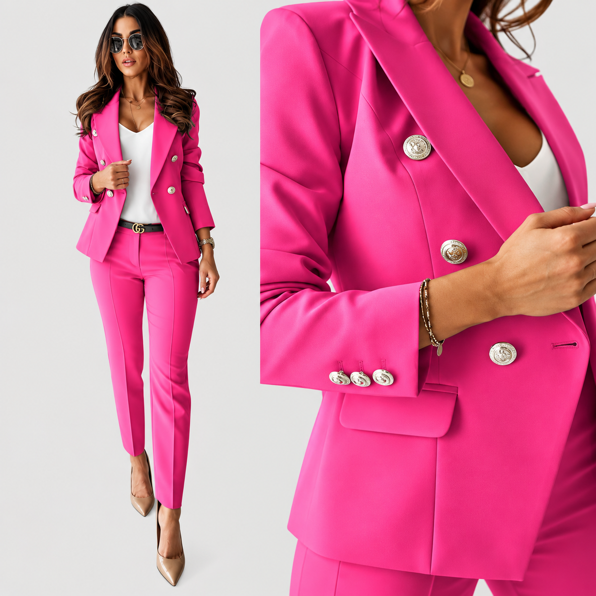 Getailleerde Dames Blazer Set Met Dubbele Knoopsluiting En Pantalon