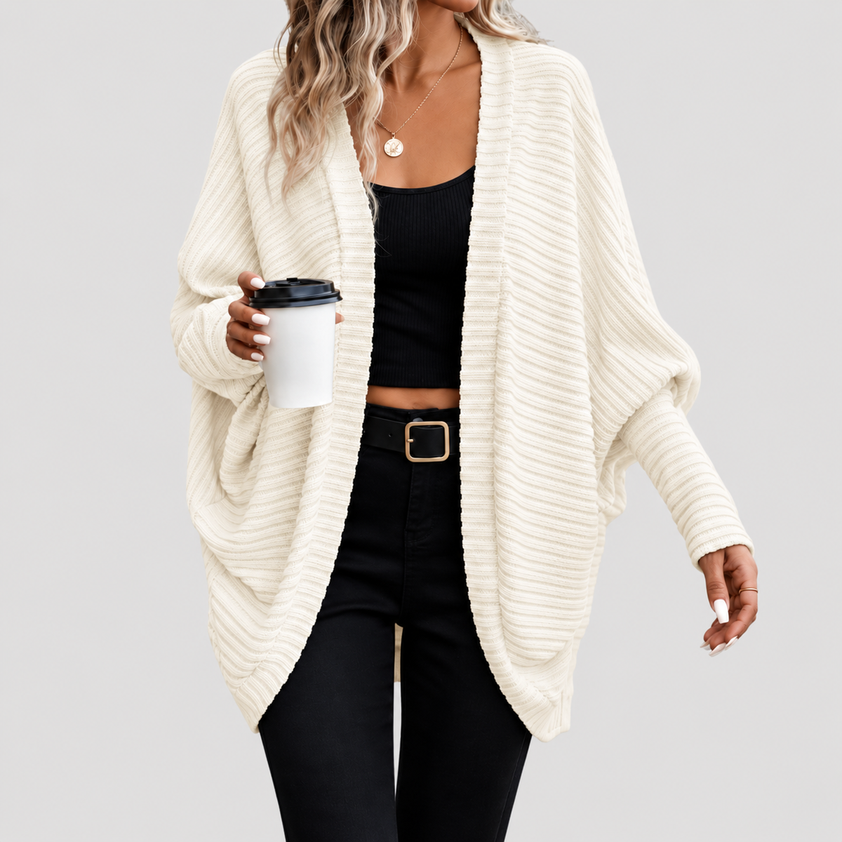Lange Dames Oversized Cardigan Met Geribde Details En Lange Mouwen