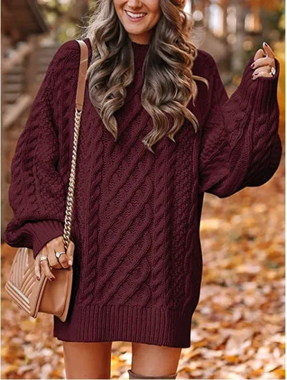 Oversized Dames Kabeltrui-Jurk Met Pofmouwen