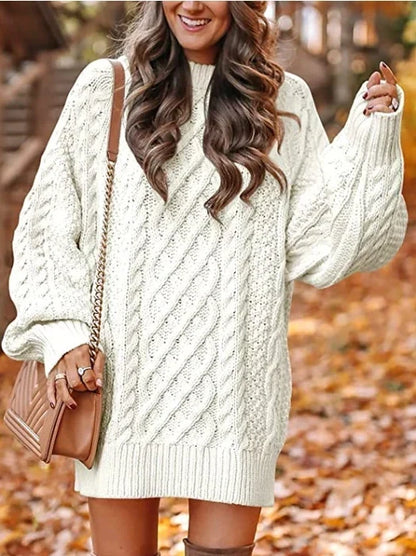 Oversized Dames Kabeltrui-Jurk Met Pofmouwen