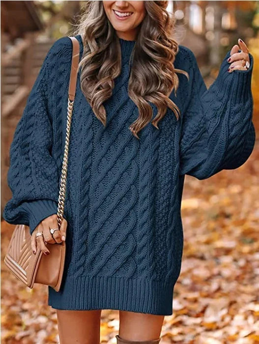 Oversized Dames Kabeltrui-Jurk Met Pofmouwen
