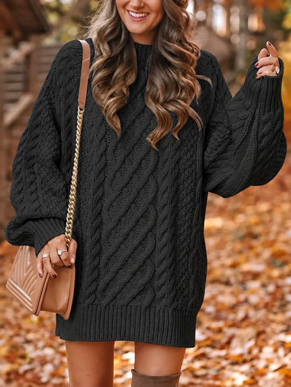 Oversized Dames Kabeltrui-Jurk Met Pofmouwen