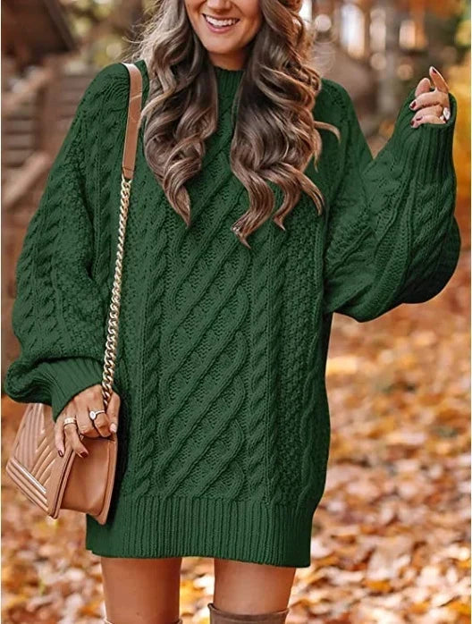 Oversized Dames Kabeltrui-Jurk Met Pofmouwen