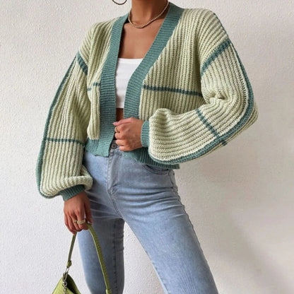 Cropped Dames Vest Met Pofmouwen En Streepdetail