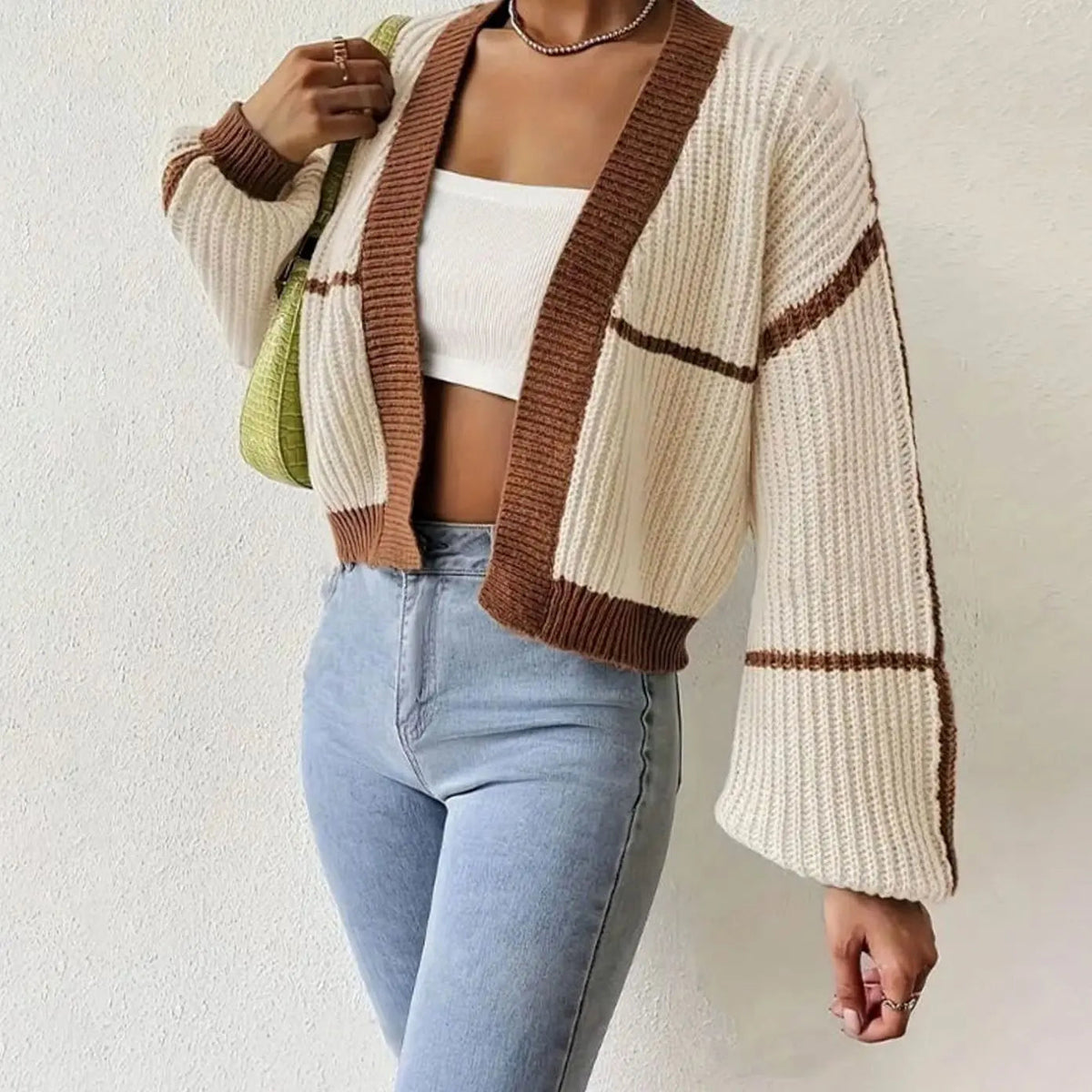 Cropped Dames Vest Met Pofmouwen En Streepdetail