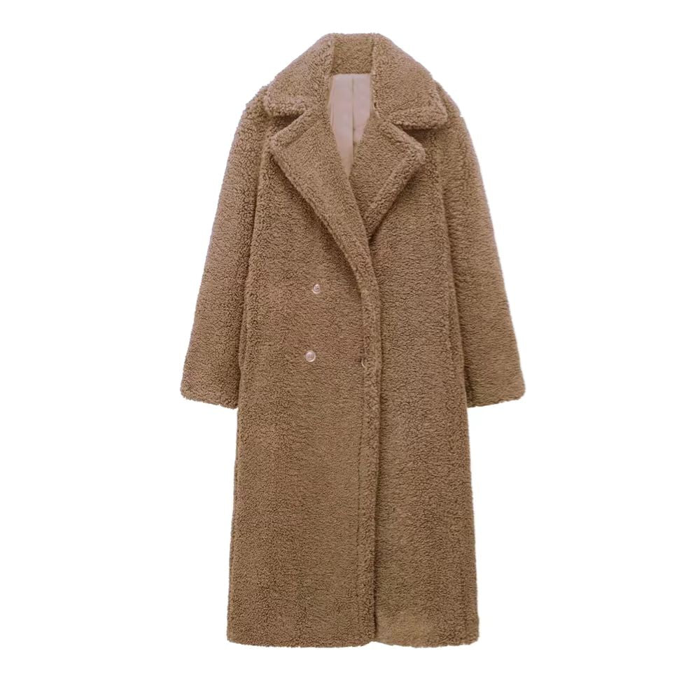 Chique Lange Teddy Jas Voor Dames Met Reverskraag En Zakken