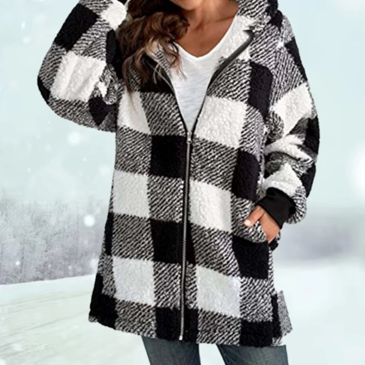 Geruite Fleece Jas Dames – Teddy Jas Met Capuchon