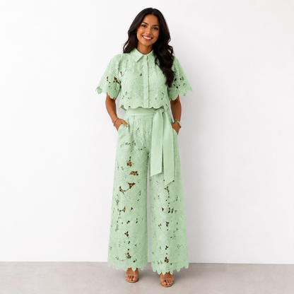 Chique Dames Tweedelige Set Met Bloemenkant En Wijde Broek