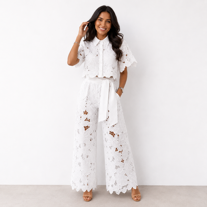 Chique Dames Tweedelige Set Met Bloemenkant En Wijde Broek