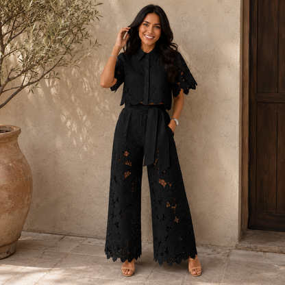 Chique Dames Tweedelige Set Met Bloemenkant En Wijde Broek
