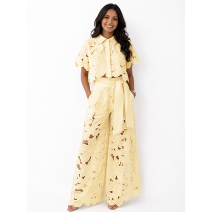Chique Dames Tweedelige Set Met Bloemenkant En Wijde Broek