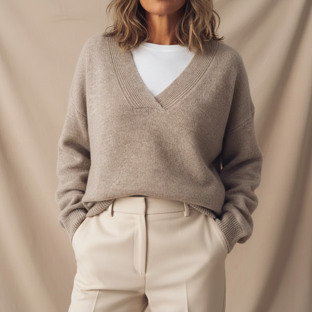 Dames Oversized Gebreide Trui Met Diepe V-Hals En Lange Mouwen
