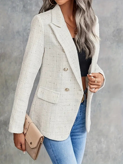 Elegante Beige Blazer Voor Dames Met Reverskraag En Dubbele Knoopsluiting