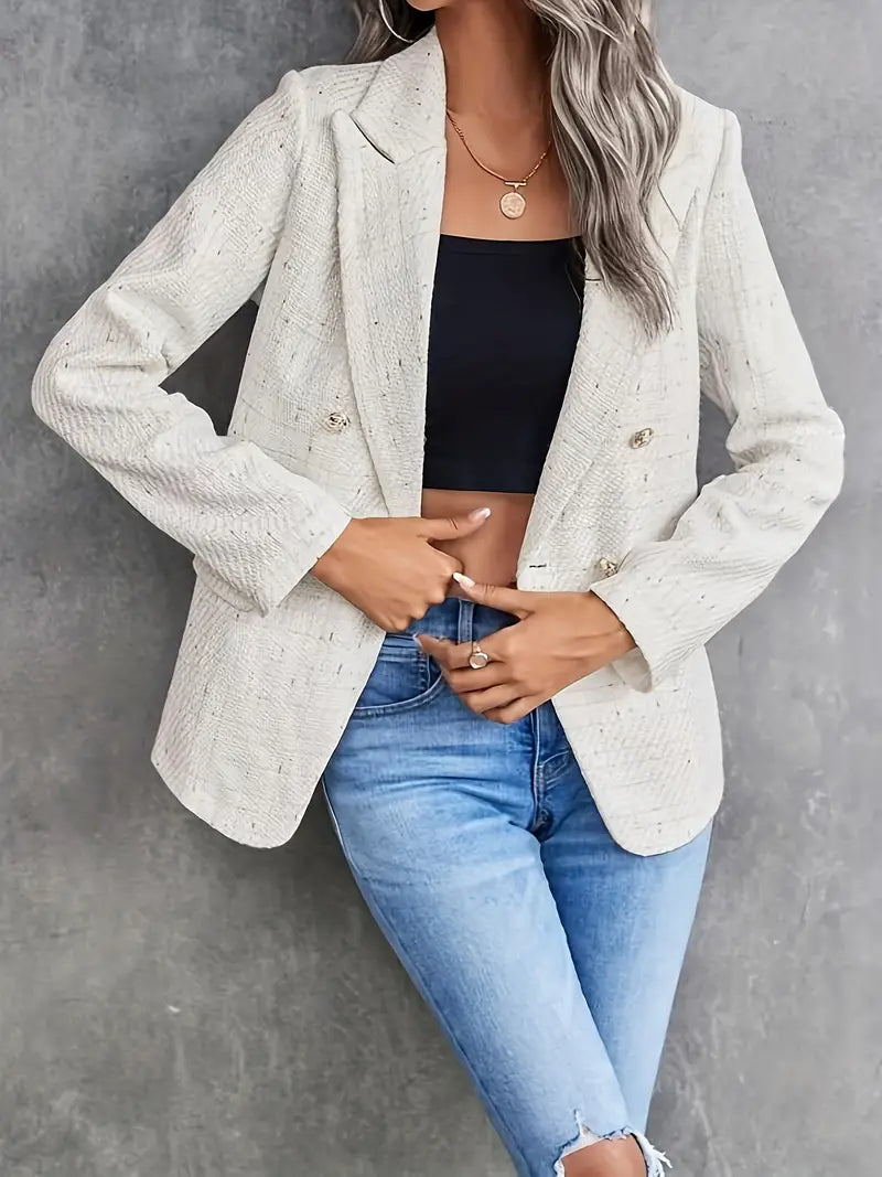 Elegante Beige Blazer Voor Dames Met Reverskraag En Dubbele Knoopsluiting