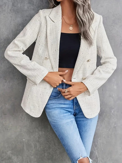 Elegante Beige Blazer Voor Dames Met Reverskraag En Dubbele Knoopsluiting