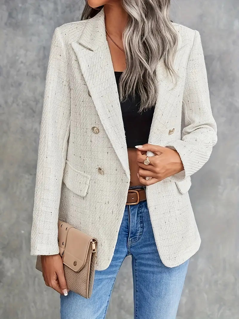 Elegante Beige Blazer Voor Dames Met Reverskraag En Dubbele Knoopsluiting