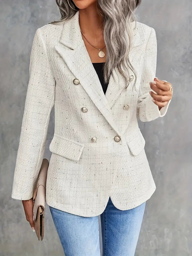 Elegante Beige Blazer Voor Dames Met Reverskraag En Dubbele Knoopsluiting