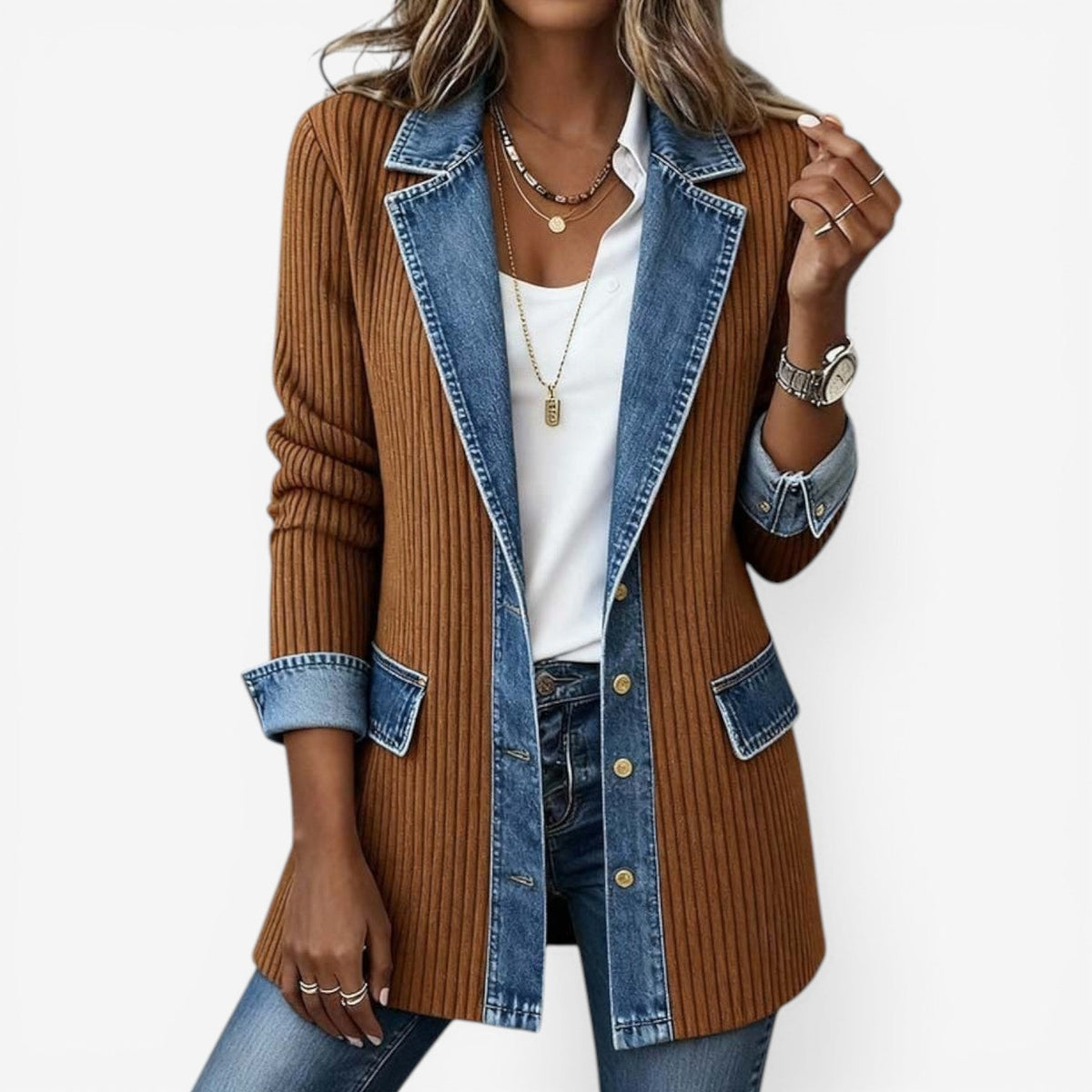 Casual Blazer Dames – Lange Blazer Met Denim Kraag