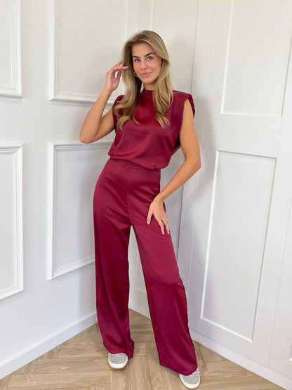 Dames Jumpsuit – Luxe Satijnlook, Mouwloos, Wijde Pijpen, Open Rug