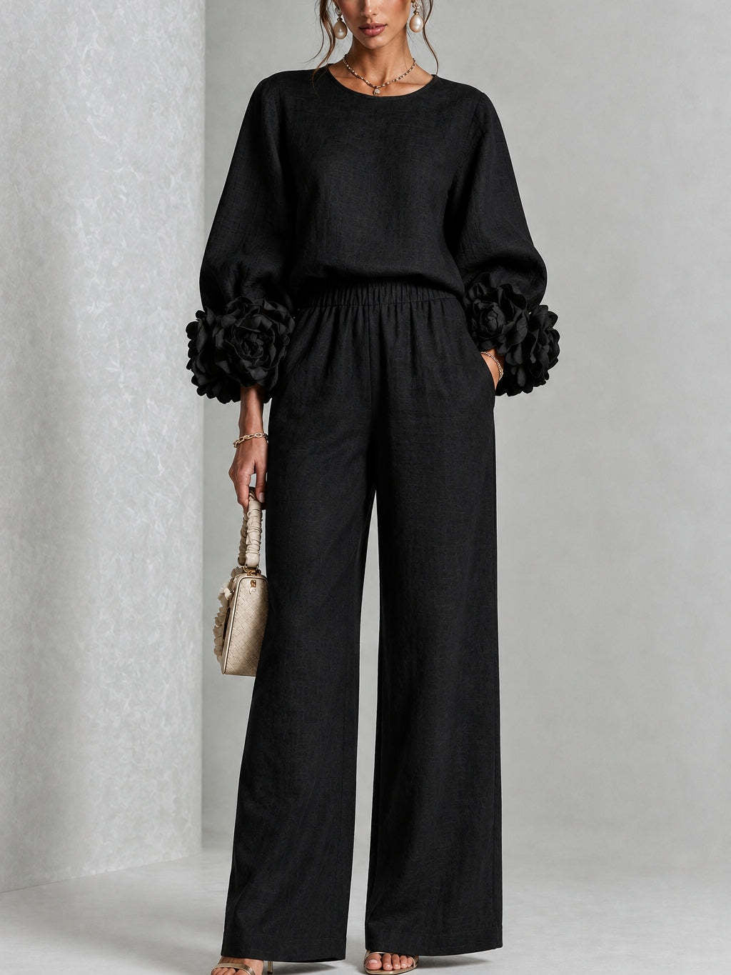 Chique Co-ord Set Dames – Blouse Met Bloemen & Wijde Broek