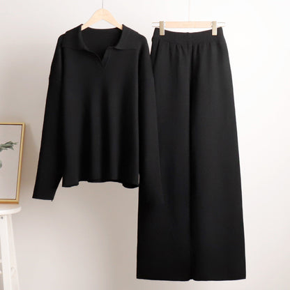 Gebreide Tweedelige Set Voor Dames Met Polokraag En Wijde Broek
