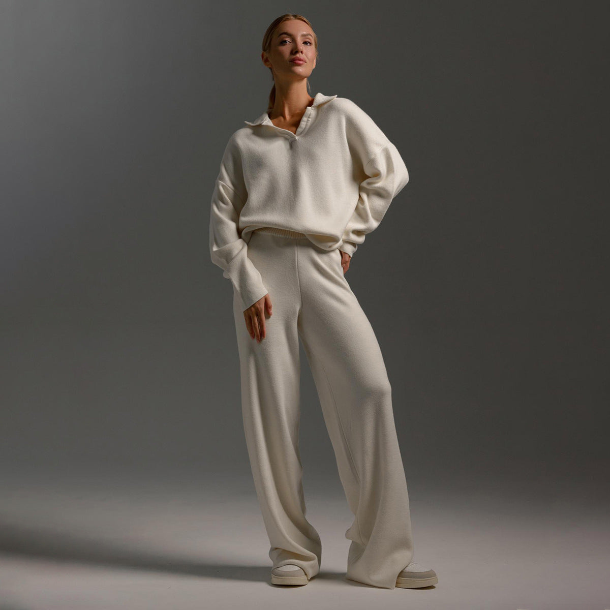 Gebreide Tweedelige Set Voor Dames Met Polokraag En Wijde Broek