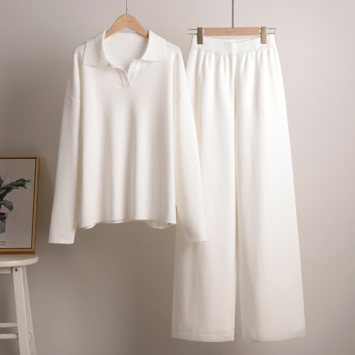 Gebreide Tweedelige Set Voor Dames Met Polokraag En Wijde Broek