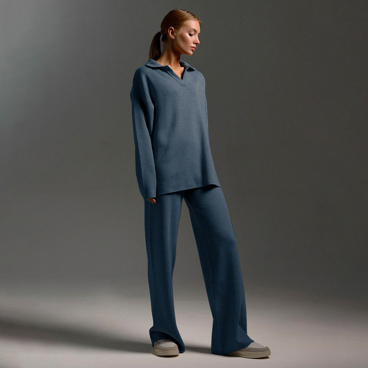 Gebreide Tweedelige Set Voor Dames Met Polokraag En Wijde Broek