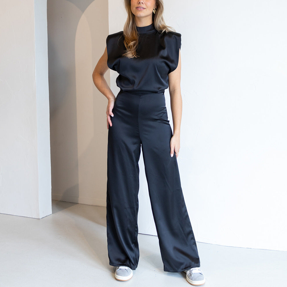 Dames Jumpsuit – Luxe Satijnlook, Mouwloos, Wijde Pijpen, Open Rug