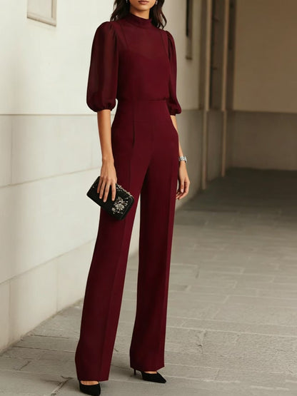 Luxe Dames Jumpsuit Met Transparante Mouwen En Wijde Pijpen
