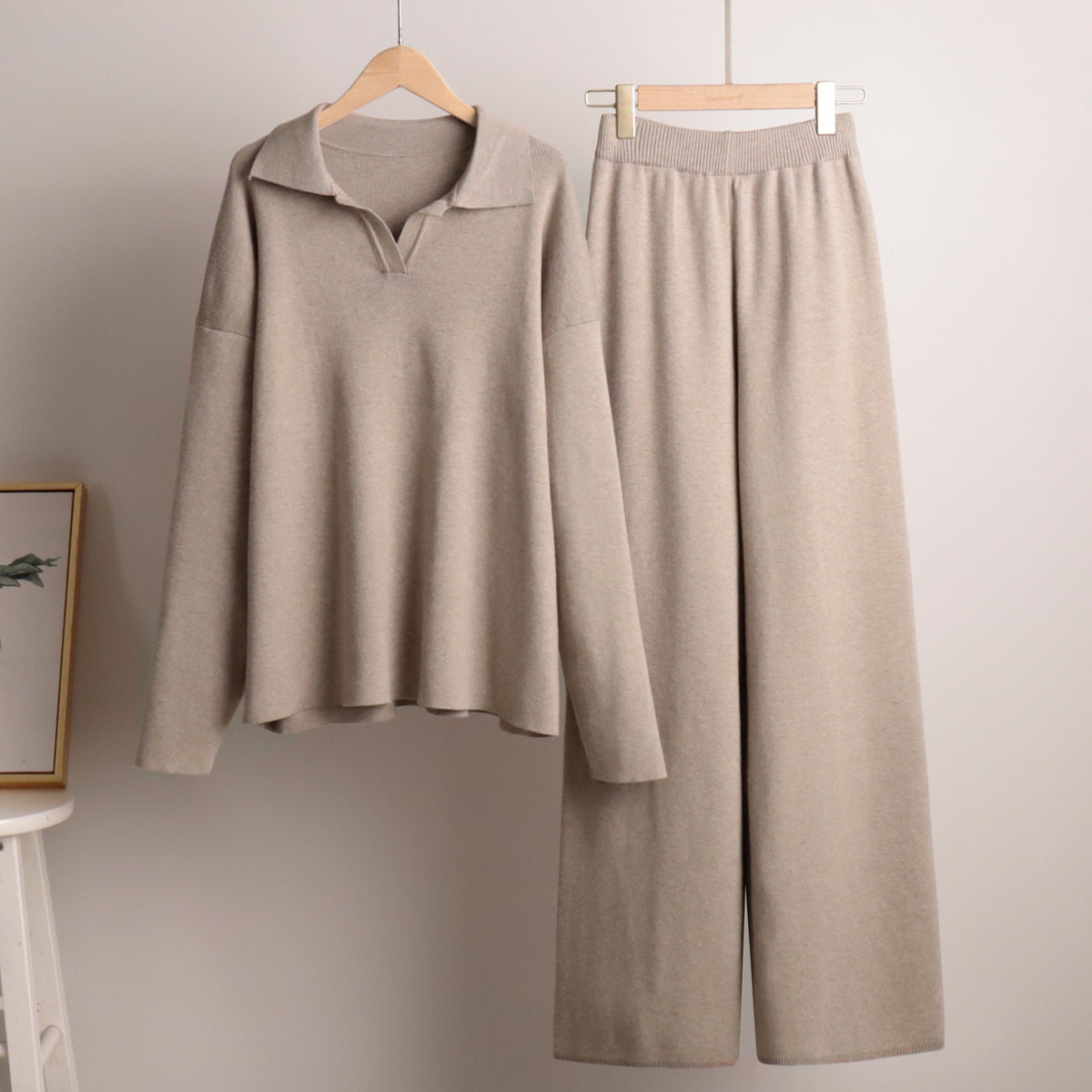 Gebreide Tweedelige Set Voor Dames Met Polokraag En Wijde Broek