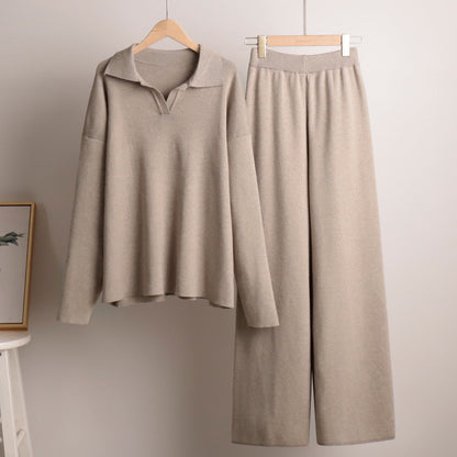 Gebreide Tweedelige Set Voor Dames Met Polokraag En Wijde Broek