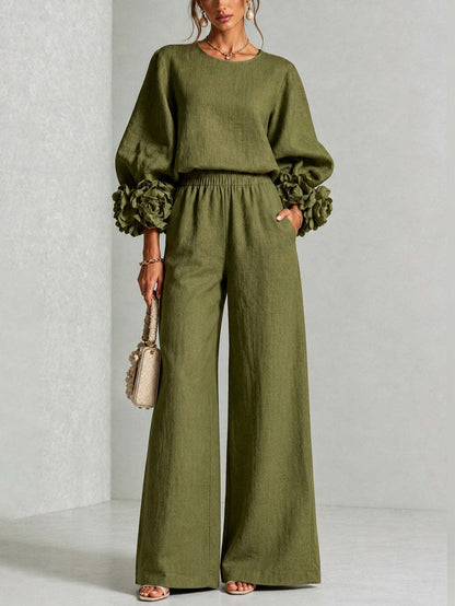 Chique Co-ord Set Dames – Blouse Met Bloemen & Wijde Broek