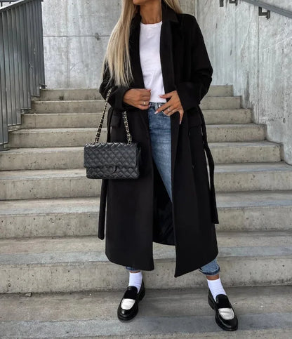 Lange Wool Coat Voor Dames Met Ceintuur En Dubbele Knoopsluiting